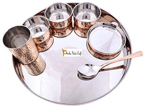 7-Piece Indian Dinnerware Set Service for 1, Stainless Steel Copper Traditional Dinner Party Set of Thali Dinner Plate, Bowls, Tumbler And Spoon