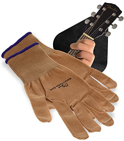 Musiker Praxis Handschuh - 2er Pack Gitarrenhandschuhe für Damen und Herren, Fingerspitzenschutz zum Spielen von Saiteninstrumenten, Handproblemen und mehr, Nylon dünne Handschuhe für Indoor/Outdoor Gigs, klein, beige