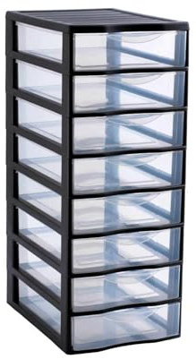 SUNDIS Orgamix, schubladenbox aus Kunststoff, 8 transparente Schubladen im A4-Papierformat, Höhe 65 cm, ideal zur Aufbewahrung von Büchern, Kursen, Dokumenten, Zubehör, Accessoires