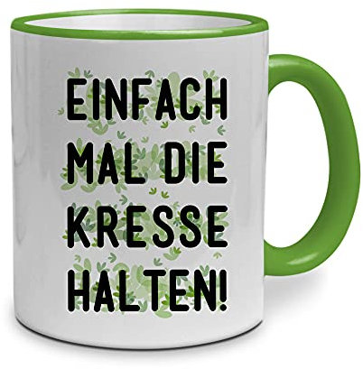 printplanet Tasse mit Spruch: Einfach mal die Kresse halten! - beidseitig Bedruckt - Kaffeebecher, Mug, Becher, Kaffeetasse - Farbe Grün