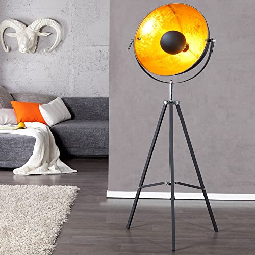 Licht-Erlebnisse Stehlampe Schwarz Gold Optik 160cm Metall Retro Design außergewöhnlich Wohnzimmer Leuchte Dreibein