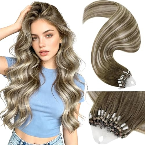 LaaVoo 22 Inch Nano Beads Hair Extensions Human Hair, Light Brown to Blonde | 50g Smooth Nano Ring Tip for Women, Long Straight Remy Hair, Long-Lasting, Can Be Styled with Fuller Festival Look