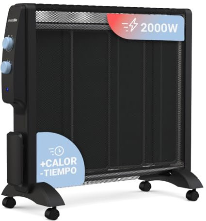 UNIVERSALBLUE Calefactor Mica bajo Consumo | Radiador Silencioso 2000W |Color Negro | Termostato Regulable | Rápido calentamiento | Sistema de Seguridad
