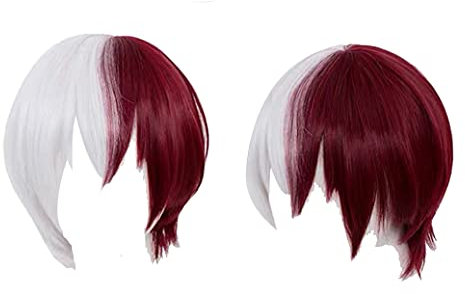 GZIRUE Shoto Todoroki Wig Cosplay Dunkelrot Silber Kurze Gerade Perücke Haar für Anime Cosplay