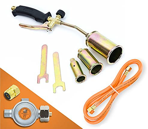 Sellnet Gasbrenner Dachbrenner Mitteldruckregler Abflammgerät Gaslötgerät Druckregler Regler (SN0286R Gasbrenner mit 3 x Brenneraufsätze + Mitteldruckregler 4bar)