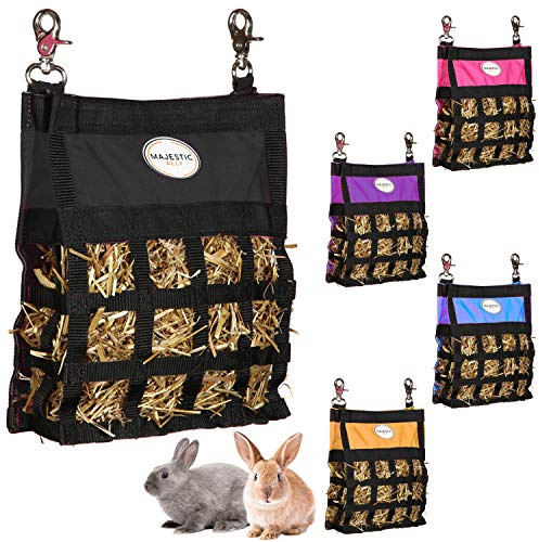 Majestic Ally Meerschweinchenheu-Futterstation – Kaninchen-Heu-Futterstation – Premium-Qualität aus sehr strapazierfähigem Nylon – DREI Seiten öffnen langsam Futter Heusack für Kleintiere (schwarz)