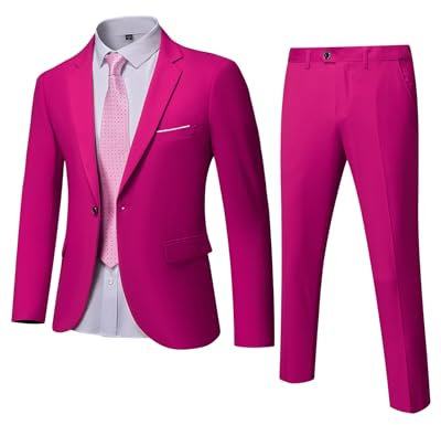 YND Completo da uomo slim fit, 3 pezzi, giacca a tinta unita con un bottone, gilet, pantaloni, con cravatta, Fucsia, M