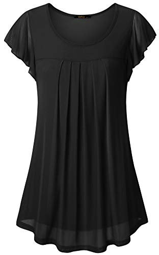 Vafoly Damen Oberteile Kurzarm Modern Tunika Bluse mit Plissee Sommer Tops Double Layer Elegant Casual Blusen Business Schwarz L