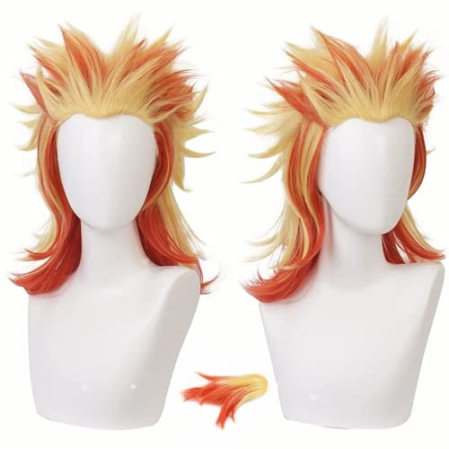 Liamiona Cosplay Perücke Anime Rot Gelb Kurzes lockiges Hitzebeständiges Haar Halloween Party Kostüme Perücke + kostenlose Perückenkappe
