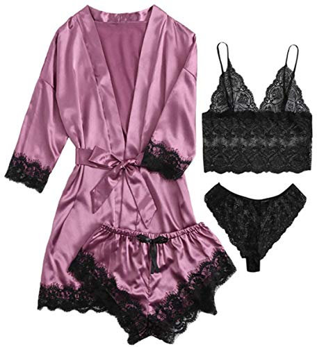 AudMsier Pigiama in Pizzo a Quattro Pezzi da Donna in Raso con Intimo Corto con Cintura, Abbigliamento in Seta (XL, Viola)