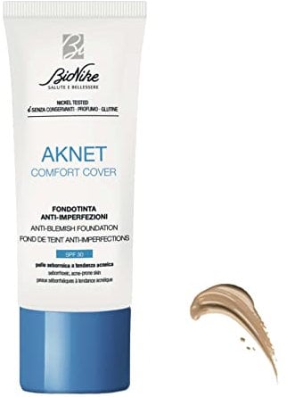 BioNike Aknet Comfort Cover Foundation Nr. 102 Sable, gegen Hautunreinheiten, verleiht ein leichtes, natürliches und angenehmes Ergebnis auf der Haut, 30 ml