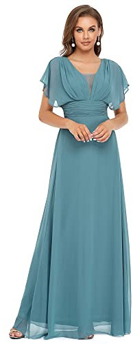 Ever-Pretty Vestiti da Cerimonia Lungo Stile Impero Chiffon Scollo a V Maniche con Volant Donna Blu Polveroso 50