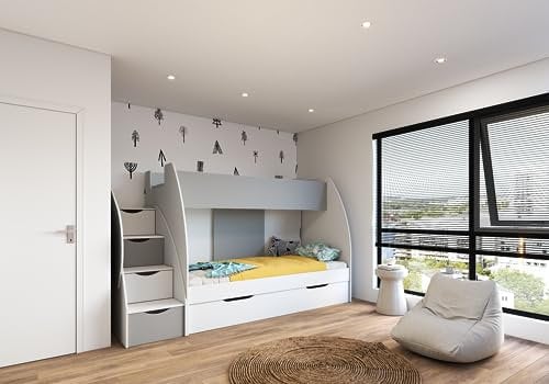 Fabryka Mebli Idźczak Hochbett Kinderbett Martin mit Superb Matratzen Etagenbett Stockbett Stockbett Boxspringbett - Schubfächer Treppe Kommode Bücherregal mit Regalen Modern Design (Weiß/Grau)