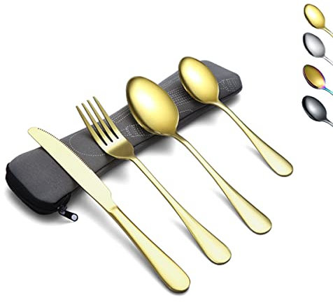 Evanda Portable Utensils, Travel Camping Cutlery Set, Stainless Steel Flatware Set Travel Silverware Dinnerware Set Fork Spoon Knife with a Portable Case (Gold)