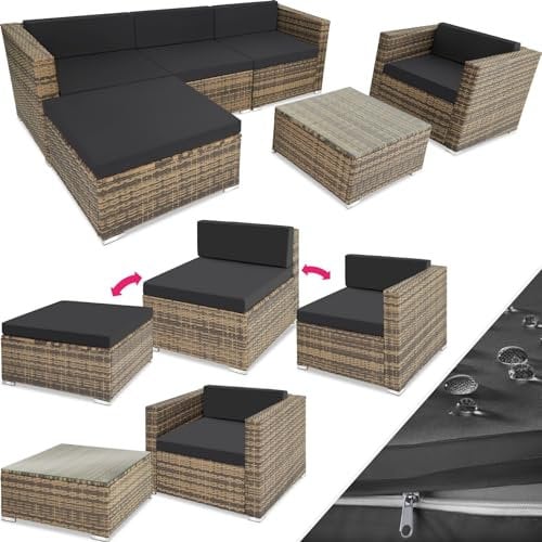 TecTake® Ensemble Salon de Jardin Exterieur en Poly Rotin 5 Places 1 Canapé 1 Fauteuil Salon 1 Tabouret Pouf et 1 Table de Jardin, Facile d'entretien, Mobilier de Jardin pour Amenagement Balcon