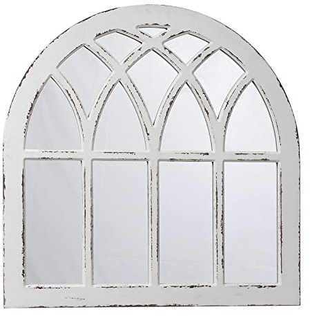 Specchio rustico per finestra ad arco bianco invecchiato, 81,3 cm, con cornice in legno da appendere, per decorazione da parete, per casa colonica, decorazione da parete, specchio vintage per
