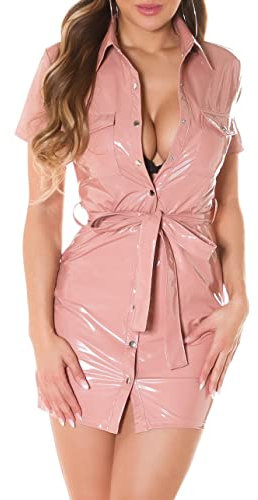 Koucla Mini robe brillante à manches courtes aspect latex avec ceinture, Rose, M