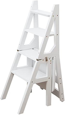 Hamankim 4 escabeau escabeau en Bois, Chaise Pliante multifonctionnelle avec Dossier, escabeau Blanc, Chaise d'escalier pour bibliothèque de Cuisine intérieure - Capacité de 150 kg