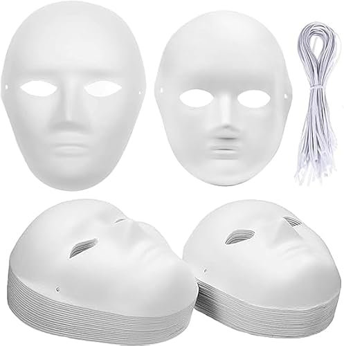 WUWEOT 40 Pack DIY Full Face Masks, 2 Sizes Paintable White Plain Masks, Paper Mache Masks for Cosplay, Halloween, Mardi Gras, Masquerade, Dance Party, Theater, Costume, Adults and Children, Unisex