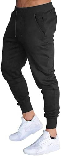 VIGVAN Jogginghose Herren Sporthose Baumwolle Trainingshose Fitness Hose Lang Freizeithose Slim Fit Joggers Pants (L, Schwarz-4)