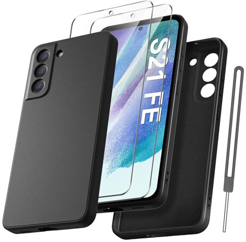Qasyfanc für Samsung Galaxy S21 FE 5G Hülle mit 2 Stück Hartglas Schutzfolie, Silikon Case Ultra Dünn Microfiber Kameraschutz Anti-Kratzer Handyhülle für Samsung S21 FE - Schwarz