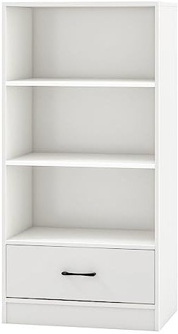 SFAREST Freestanding Bookcase, Wooden Storage Display Rack Cupboard with 3-Tier Open Shelves & Drawer, Storage Shelving Display Shelf Cabinet for Living Room Bedroom Hallway Office (White)