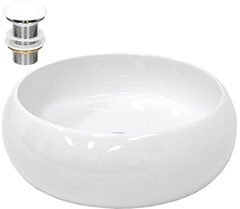 ECD Germany Lavabo da Appoggio con Set di Scarico Ø 350 x 120 mm Ceramica Bianca Rotondo Lavandino Senza Troppopieno con Fori di Dimensioni Standard Lavamano da Bagno con Piletta