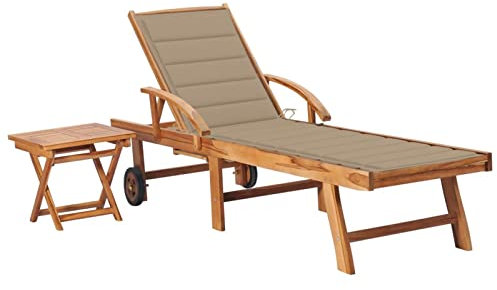 Homgoday Sonnenliege mit Tisch und Kissen aus massivem Teakholz, Gartenbank, Bank für Balkon, Terrasse, Garten, Beige