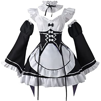 Zhongkaihua Re:0 Cosplay Kostüm Ramu Remu Cosplay Kleid Full Set Maid Outfit Frauen Uniform Rem Ram Cosplay Blau Rosa Perücke Kostüm Halloween Karneval