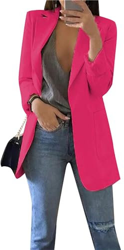 PUDANA Eleganter Einfarbiger Slim Fit Blazer Für Frauen Leichter Plus Größe Loser Blazermantel Revers Einfarbige Jacke Rose S