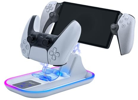 Mcbazel RGB Station de Chargement pour PS Portal Remote Player, Support de Charge Vertical Chargeur Manette, 14 Effets Lumières RGB pour PS Portal Remote Player/PS5 Controller