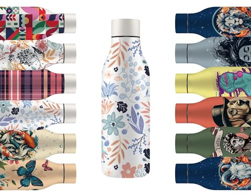 Mi Ko Mi Ka Botella de Agua de Acero Inoxidable - Botella Térmica Reutilizable de Diseño 550ml | Sin BPA | Mantiene 24H Frio / 12H Calor | Termo y Hermética - A Prueba de Fugas (Flores)