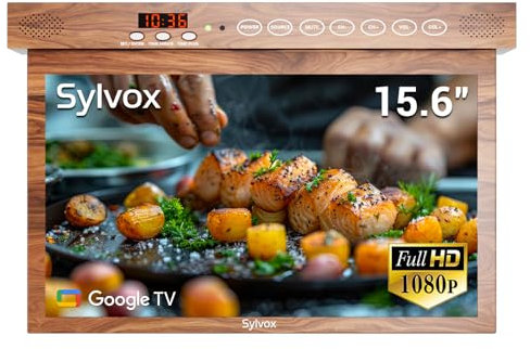 SYLVOX 15.6 Smart Kitchen Television Compatible with Google TV OS, 1080P Smart TV Flip Down & Rotate, Support WiFi Smart Casting, Voice Assistant, Under Cabinet TV for Kitchen, Bedroom (Wood Grain)