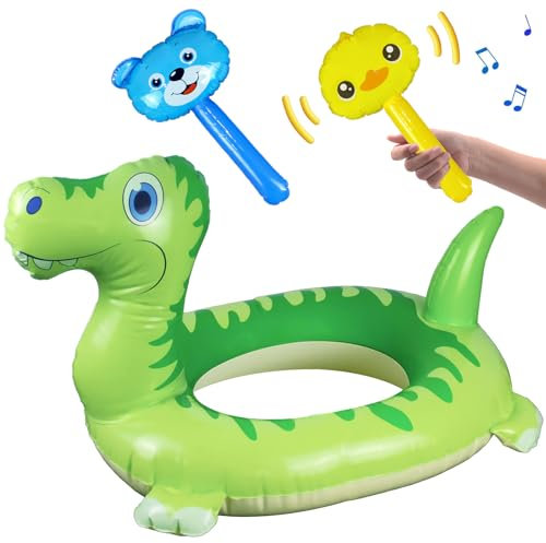 Aruatu 3 Pack Pool Inflatables for Minors, Dinosaur Rubber Ring with 2 Pcs 10Inch Pneumatic Hammer Durable Swimming Ring Pool Floats Toys for Summer Beach Water Sports Party