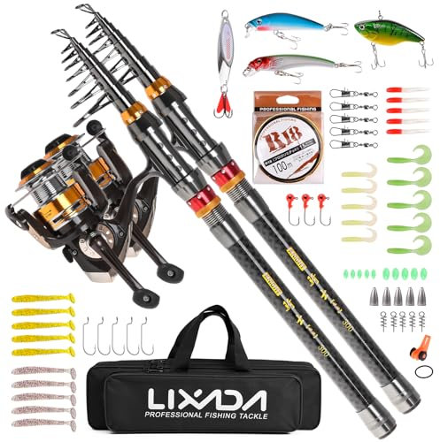 Lixada 2-teiliges Angelruten- und Rollen-Set, Teleskop-Angelrute aus Kohlefaser mit Spinnrollen-Set, Tragetasche, Koffer, Salzwasser/Süßwasser, Reise-Angelköder, Jighaken, komplettes Set