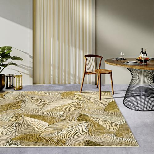 Villeroy & Boch Eugene In- & Outdoor Teppich Modern - Flachgewebe Aussenteppich, Palmen Blätter Design, ÖKO-TEX Wetterfest & UV-beständig für Balkon, Terrasse, Garten – Gold Schwarz, 160x235cm