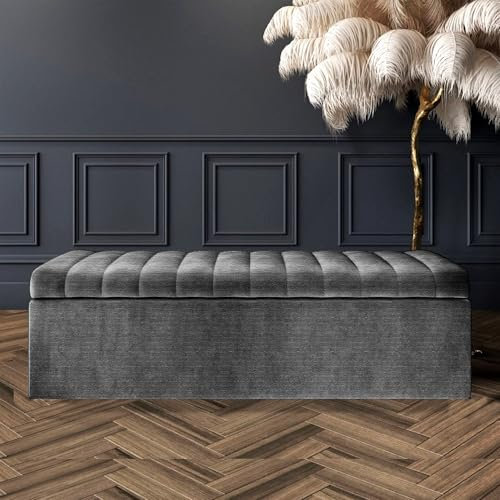 AZ Interiors Royal Furniture Naples Lined Upholstered Ottoman Storage Box, Naples Storage Shoe Bench, End of Bed Bench, Rectangle Coffee Table with Storage (Dark Grey Naples, 4ft (120x40x40) CM)