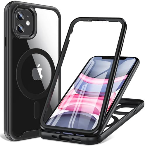 Hensinple Magnetisch Hülle für iPhone 11 Hülle 6,1 Zoll, Mit Eingebautem Displayschutz Kompatibel mit MagSafe, 360° Rundumschutz Stoßfest Schutzhülle Handyhülle für iPhone 11(Schwarz)