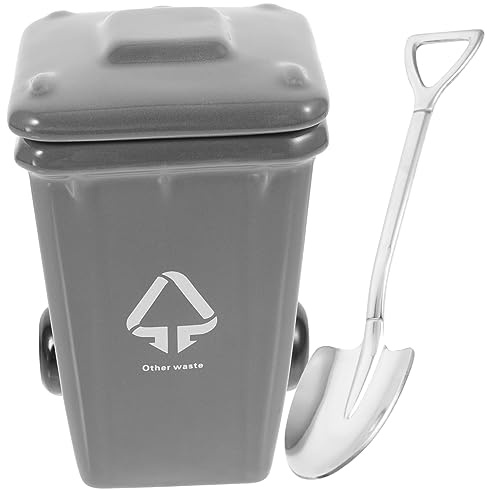 Ciieeo Trash Bin Ceramic Cups with Lid and Spoon 2pcs Set Gray Wear-Resistant Coffee Mug and Delicate Tea Cup for Office and Home Daily Use