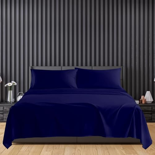 Sunshine Comforts Egyptian Cotton Flat Sheets Super King Size Breathable, Anti Wrinkle, Shrink and Fade Resistant 200 Thread Count Bed Sheets Navy Bedding & Linen 260 x 254cm Super King Flat Sheet