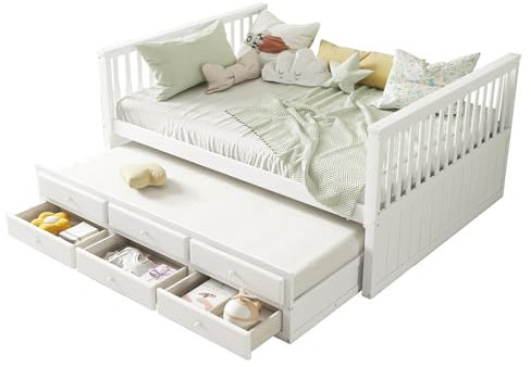 Polsterbett 140x200 cm, Einzelbett Ausziehbarem Bett, Kinderbett Bettgestell mit 3 Schubladen, Jugendbett mit Stauraum, Lattenrost, Massive Kiefer, Einzelbett für Kinder, Jugendliche, Erwachsene, Weiß