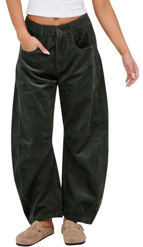 FUPODD Cordhose Damen Weites Bein Casual Locker Hose Frauen Lange Gerades Bein Hosen Gerippt Einfarbig Breitcord Freizeithosen Mit Taschen Und Knöpfen Elastische Taille Kordhose Elegant Bequeme