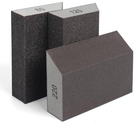 YICOTA 3 Pieces Single Angle Sanding Blocks with 3 Different Grits(80,120,220) Coarse/Medium/Fine Wet and Dry Sand Sponge Washable and Reusable Sanding Pads for Wood Wall and Metal
