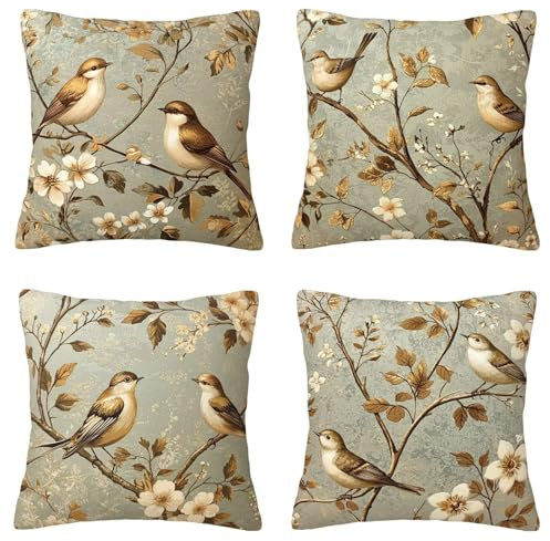 Outdoor Retro Kissenbezug 55x55cm Wasserdicht Kissenbezüge 4er Set, Beidseitiger Druck Quadratisch Wasserfest Flachs Vogel Kissenbezug, Lounge Kissen Outdoor für Outdoorkissen Garten Balkon Deko B-87