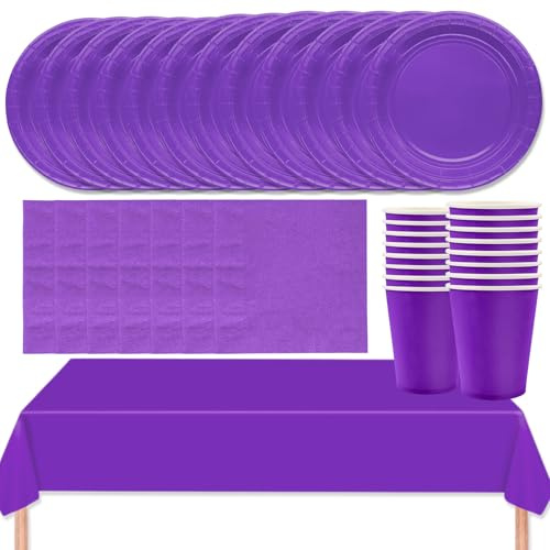 MOMAHUA Set di stoviglie per feste 53P, set di stoviglie viola con piatti, tovaglia, tovaglioli, tazze, decorazioni da tavola in tinta unita per compleanni, matrimoni, picnic, baby shower, forniture
