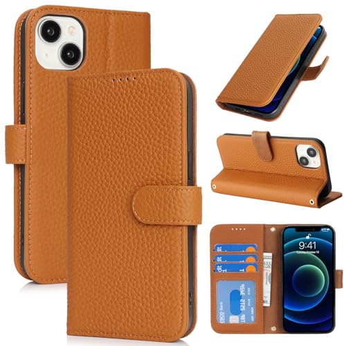 Zouzt Hülle für iPhone 13 Mini 5,4 Zoll, Echt Leder Hülle mit 4 Kartenfächern, RFID Blocker, Kartenhalter Magnet Klapp Stoßfest Schutzhülle Frauen Männer für iPhone 13 Mini - Bernstein