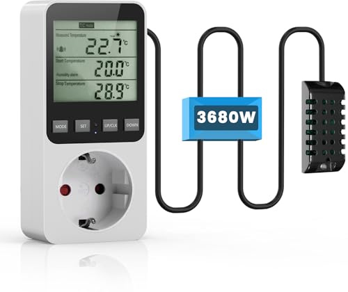 Digitales Thermostat Steckdose,Temperaturregler Steckdose 230V mit Fühler, 3680W Digitaler Hygrostat Feuchteregler, 20~99% RH, -10°C~50°C, 4 Zeitmodi, für Luftbefeuchter Luftentfeuchter Pilz Terrarium