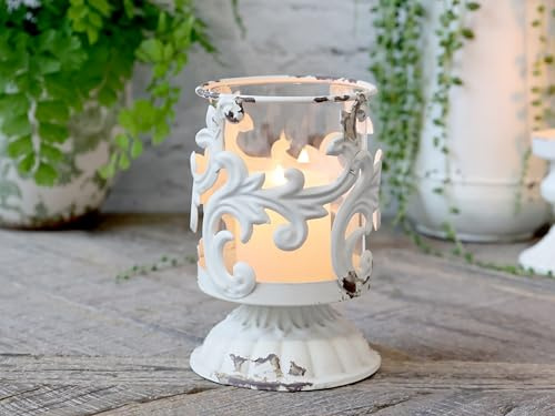Chic Antique Windlicht auf Fuß Teelichthalter florales Dekor Antique Creme Shabby