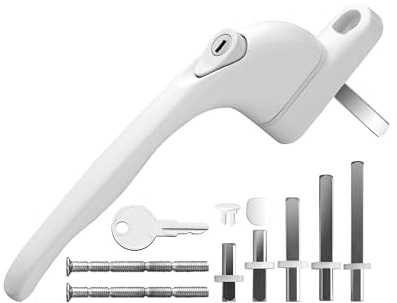 eSynic Confezione da 1 maniglie bianche per finestre in UPVC, con serratura, universali, con chiave, 5 mandrini multipli, viti tagliabili, adatte al centro di 43 mm, per porte di finestre e balconi