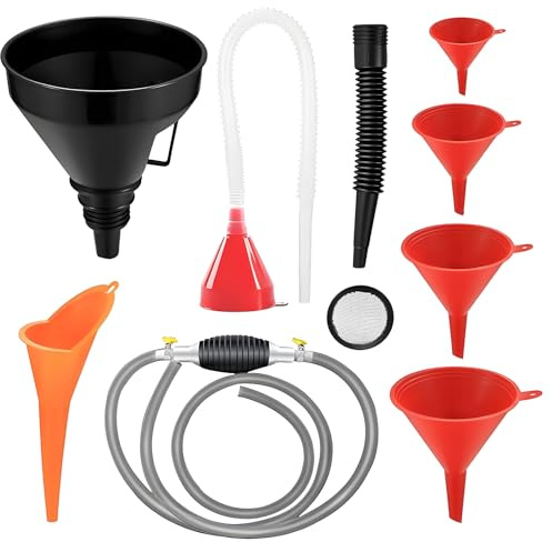 8 Pcs Automotive Universal Funnel Set, Right Angle Flexible Long Funnels | Plastic, Oil Funnel with Detachable Spout Engine Filter for Motorcycle Car Gasoline Coolant Engine Oil